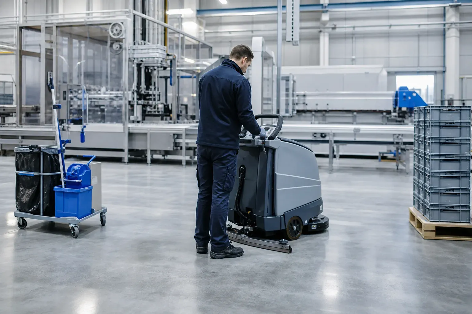 Industriereinigung in einer Produktionshalle.